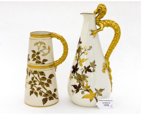 Two Royal Worcester jugs with gilt griffin moulded handles (2)