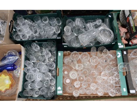 A small collection of cut glass and glassware, to include decanter, Champagne flutes etc (4 boxes)