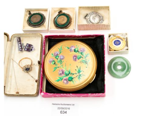 A 9 ct rose gold dress ring, swimming medallions and jewel case etc, powder compact and a jade pendant