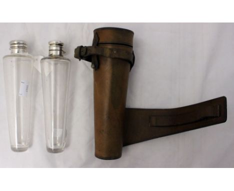 A James Dixon & Sons leather cased ladies' hand blown glass hunting flask, plated mounts, together with a second glass flask 