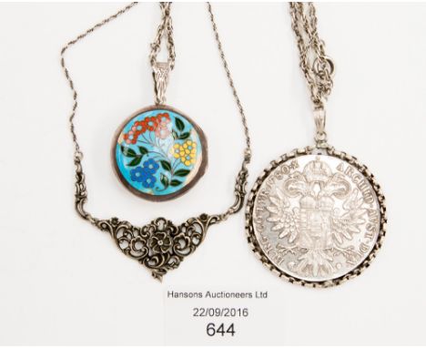 A Thallia pendant 1780 on 0.835 silver necklace, circa 1920s and a silver and enamel pendant and chain (enamel on locket dama