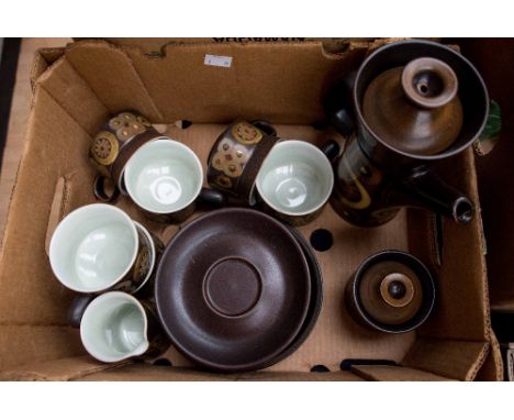 Denby 'Arabesque' coffee pot, six cups and saucers, milk jug and sugar basin