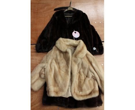 A dark brown mink long length coat, fur has some signs of wear, together with a blonde mink short jacket, with rounded front 