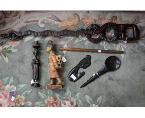 A group of hardwood tribal art green and a thermometer in case (6) 