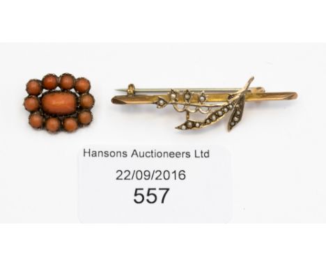 A 9 ct gold and seed pearl lily of the valley bar brooch, together with a 19th Century coral brooch (2)