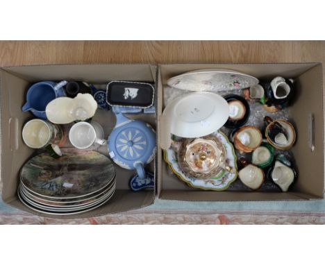 Two boxes of ceramics including Royal Doulton character jugs and plates, a pair of Royal Worcester oval dishes, Wedgwood Jasp