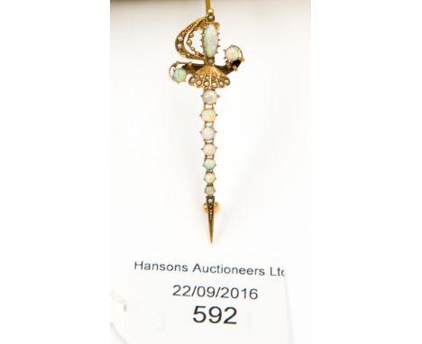 A gold, opal and seed pearl brooch, as a sword, 3.5 grms