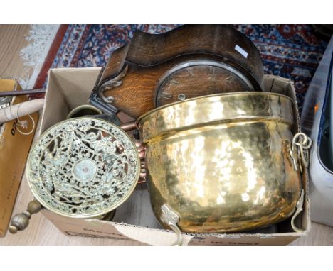 A brass log bucket on pad feet, a brass trivet on stand, copper kettle etc, an oak mantel clock (1 box) 