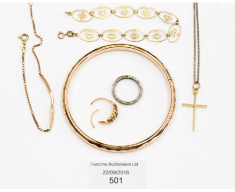 An assortment of gold jewellery and gold colour bangle etc 