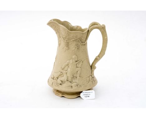 A mid Victorian stoneware jug, decorated with a hunting group with huntsmen, horses and hounds 