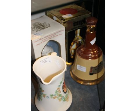 John Haig and Co Dimple Scotch Whisky, Bells Scotch Whisky and an empty Bells blended ceramic bottle and a Bass Pale Ale jug
