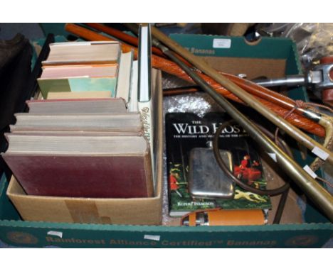 A box of assorted equestrian and hunting ephemera, including books, horns, horn handled and silver collared crop etc (1 box)