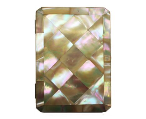 A Victorian mother-of-pearl card case with blue silk and paper lined interior 