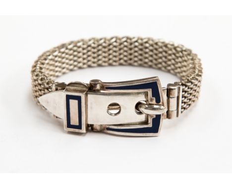 A silver and enamel buckle bracelet 