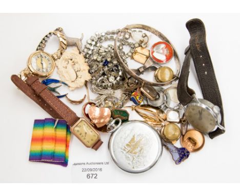 A silver bangle, enamelled swallow brooch (a/f), two 9 ct gold cased ladies' wristwatches, Oriosa railway pocket watch, yello