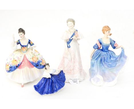 Three Royal Doulton lady figures, comprising 'Elizabeth' HN 2465, 'Christine' HN 2792 and 'Elaine', plus a Royal Worcester fi