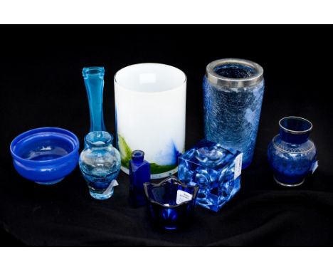 Various blue glass, decanter base, lighter base etc (9)