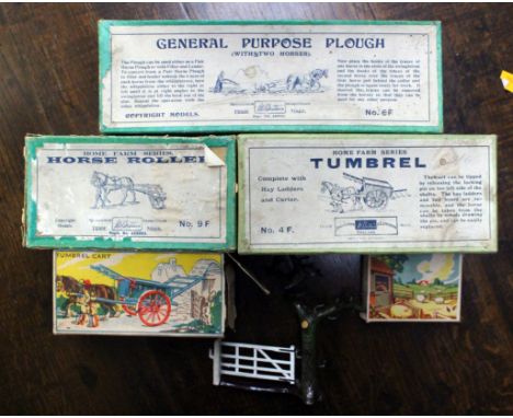 A collection of Britains farming figures, including No 5008, No 6F, No 4F, nO 9F, another, and a tree and gate (6)