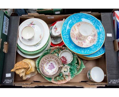 A Meissen plate painted with flowers and insects (a/f), a Meissen teacup, Worcester and other 18th Century teabowl, teacup, c
