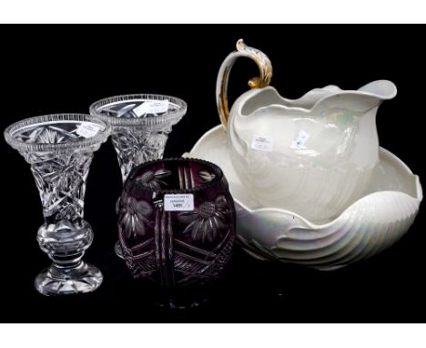 A lustre ceramic toilet bowl and jug; together with purple flush cut vase and a pair of cut glass trumpet vases (5) 