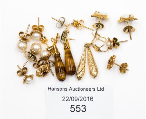 A collection of 9 ct gold earrings, including pearls, tigers eye, opal, garnet etc