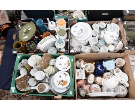 Midwinter dinnerware, tea and coffee in various patterns, Sadler onion jars, Wade Natwest Pigs, ginger jars etc (4 boxes) 