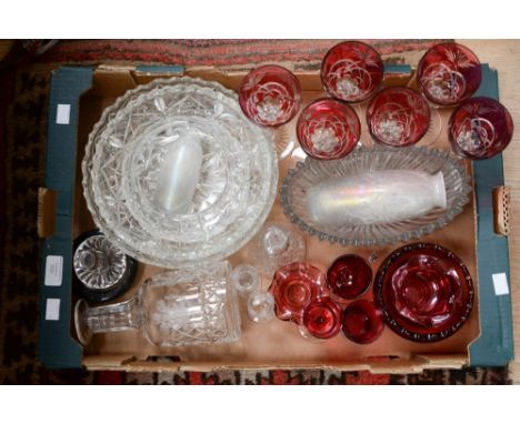 Glassware - including Cranberry glass bowl, vase, etc; ruby flash glass; Loetz style vases; cut glass bowls; decanter; etc (1