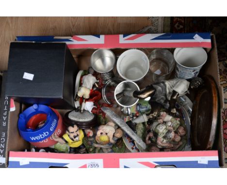 Rugby memorabilia: one box of assorted ceramics and various to include rugby related plates, two ceramic mugs, a pair of tank