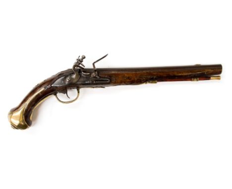 A 21 bore 18th Century French holster pistol fitted with a 12 1/2" barrel, it has a banana shaped lock with rounded surface a