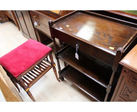 A late Victorian piano stool with a slatted shelf below, together with a single drawer what-not (2)