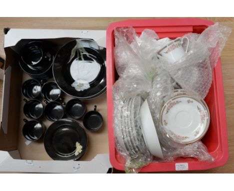 A Japanese black ground coffee set, comprising cups, saucers, side plates and bowls, together with a Chinese Crown Ming dinne