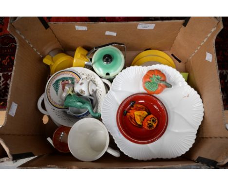 A box of ceramics comprising Shelley jam pot, in original stand, Beleek, Quimper, signed Anita Harris, a pair of circa 1920s 