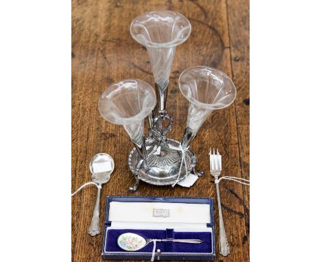 A plated epergne, cased silver and enamel spoon, and silver fork and spoon (4)