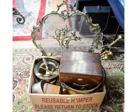 Brassware including coal buckets, fire irons, fire dogs, plated wine cooler, restored work box, walnut tea caddy, fire screen