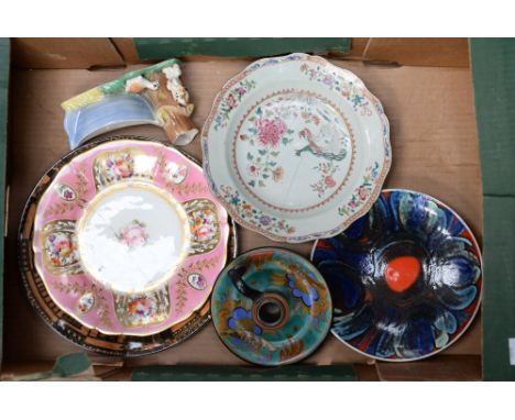 A collection of various ceramics, comprising Poole pottery dish, an early 19th Century hand painted dish, a Chinese Famille r