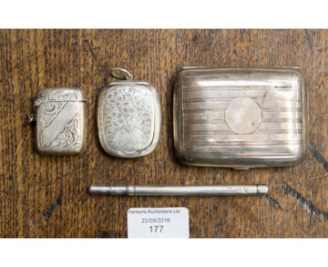 Silver smoking ephemera: cigarette case, snuff box, vesta case and pen weighing approx. 3.4 ozt (4)