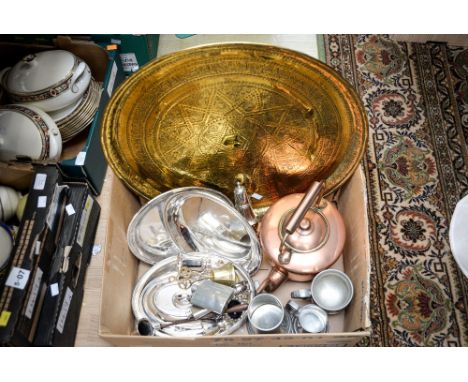 Metalware including entree dishes; tankards; copper kettle; pewter hip flask; warming pans; toasting fork; candlesticks; bras