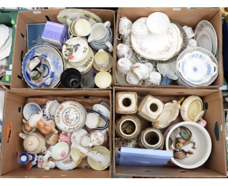 Four boxes of assorted ceramics including a Royal Gouda trinket box and cover, a Royal Doulton collie and cups, saucers, tea 