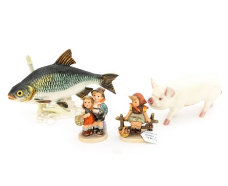 A Beswick middle white boar, with a Goebel carp, imprint 3680024 - 1972, with two Goebel Hummel figures (4) 