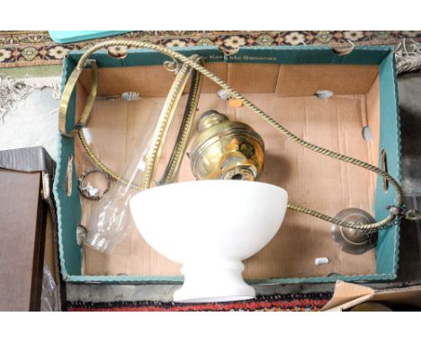  A Victorian brass hanging oil lamp, with opaque white glass shade