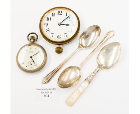 A Swiss Goliath 8 day watch, an Ingersoll Defiance pocket watch, three silver spoons, one with a mother-of-pearl handle