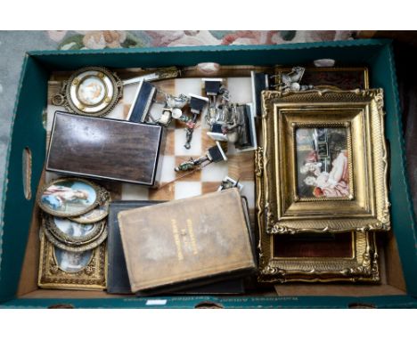 Framed portrait miniatures, after Gainsborough, a signed portrait miniature set in hand mirror with mother-of-pearl, chess bo