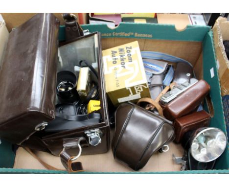 A 'Nikomat' Nikon camera, in case, Vitessa camara, together with accessories various (1 box)