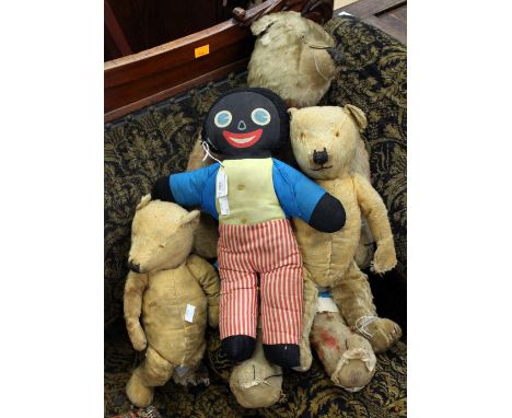 A Chad Valley Hygienic Toys teddy bear in much loved condition with repairs, 65 cm approx., together with two other much love