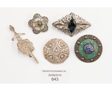 A collection of Scottish silver brooches, various Celtic, Iona style designs, including enamelled, moss agate, blue glass etc