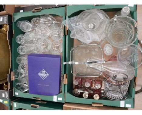 Two boxes of various glassware, comprising tumblers, wine glasses, port glasses, brandy glasses, decanter, vases, jug, Cranbe