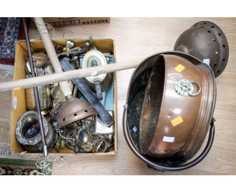 A copper coal bucket, a copper planter, two copper wash dollies and a box of plated ware etc 