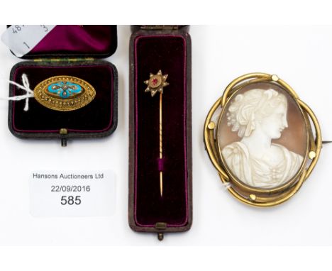 A late Victorian yellow metal diamond and enamel lozenge brooch, a boxed 9 ct gold Victorian stick pin set with ruby and seed