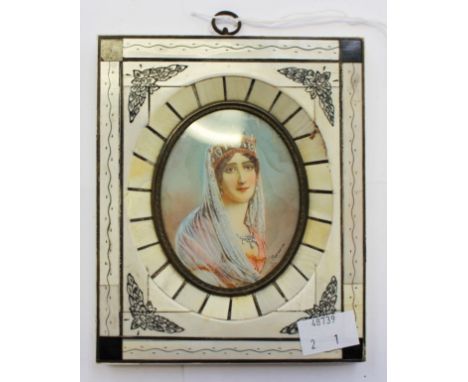 An oval portrait miniature of a lady wearing a crown, signed Cinard 
(?) bone frame