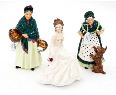 Royal Doulton 'The Orange Lady' HN 1953, Royal Doulton 'Old Mother Hubbard' HN 2314 (a/f) and Royal Worcester 'Pearl Wedding 